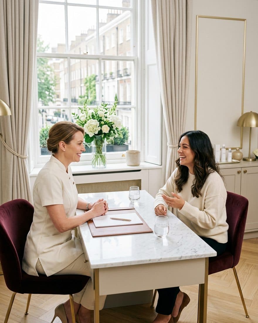 A clinician and patient talking at a consultation table in a bright, sunlit room.